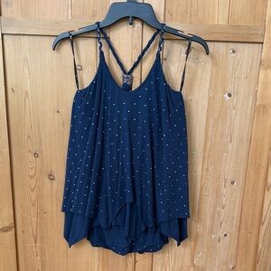 Sky Navy Blue Draped Silver Beaded Camisole with Braided Straps NWT